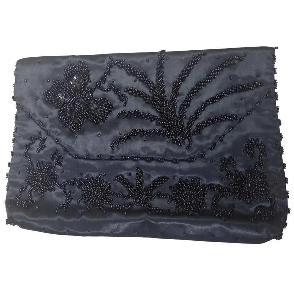 Vintage Black Satin Hand-Beaded Floral Evening Clutch Bag Vintage Hong Kong EUC